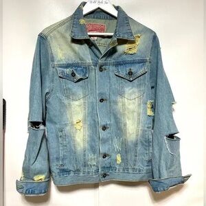 Women's Distressed Light Blue Denim Jacket with Rips - Unbranded